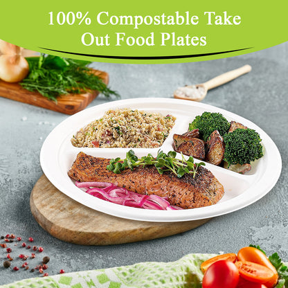 Three Leaf 10" 3 Compartment Bagasse Round Plate, 500 Ct.