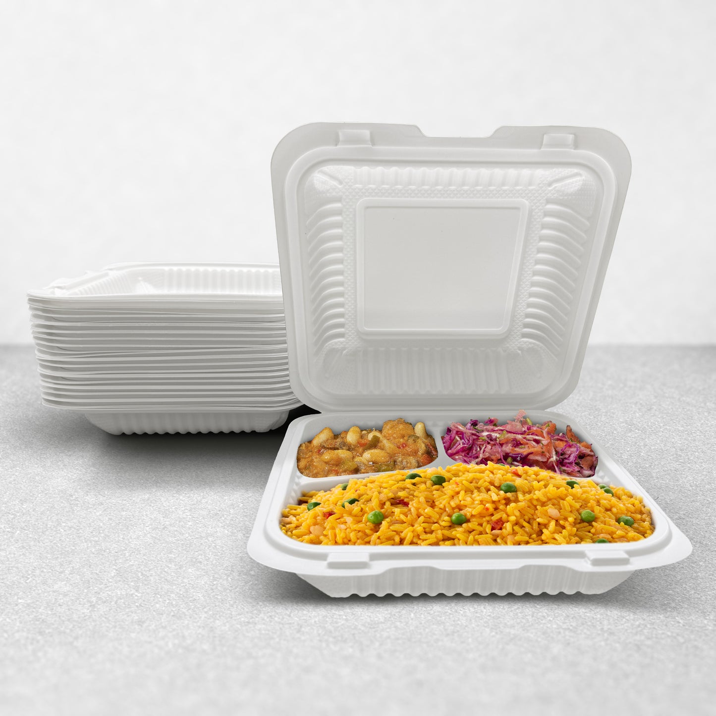 8" X 8" 3 Compartment MFPP Clamshell, 150 Ct. - White