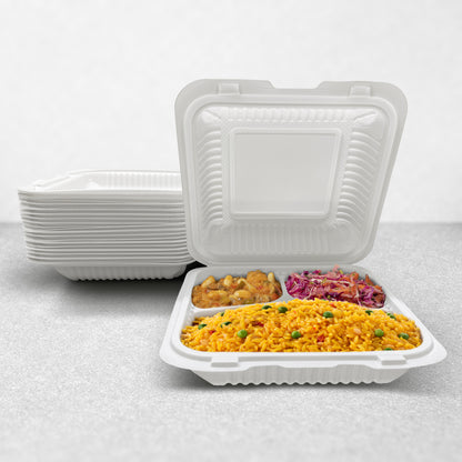 8" X 8" 3 Compartment MFPP Clamshell, 150 Ct. - White