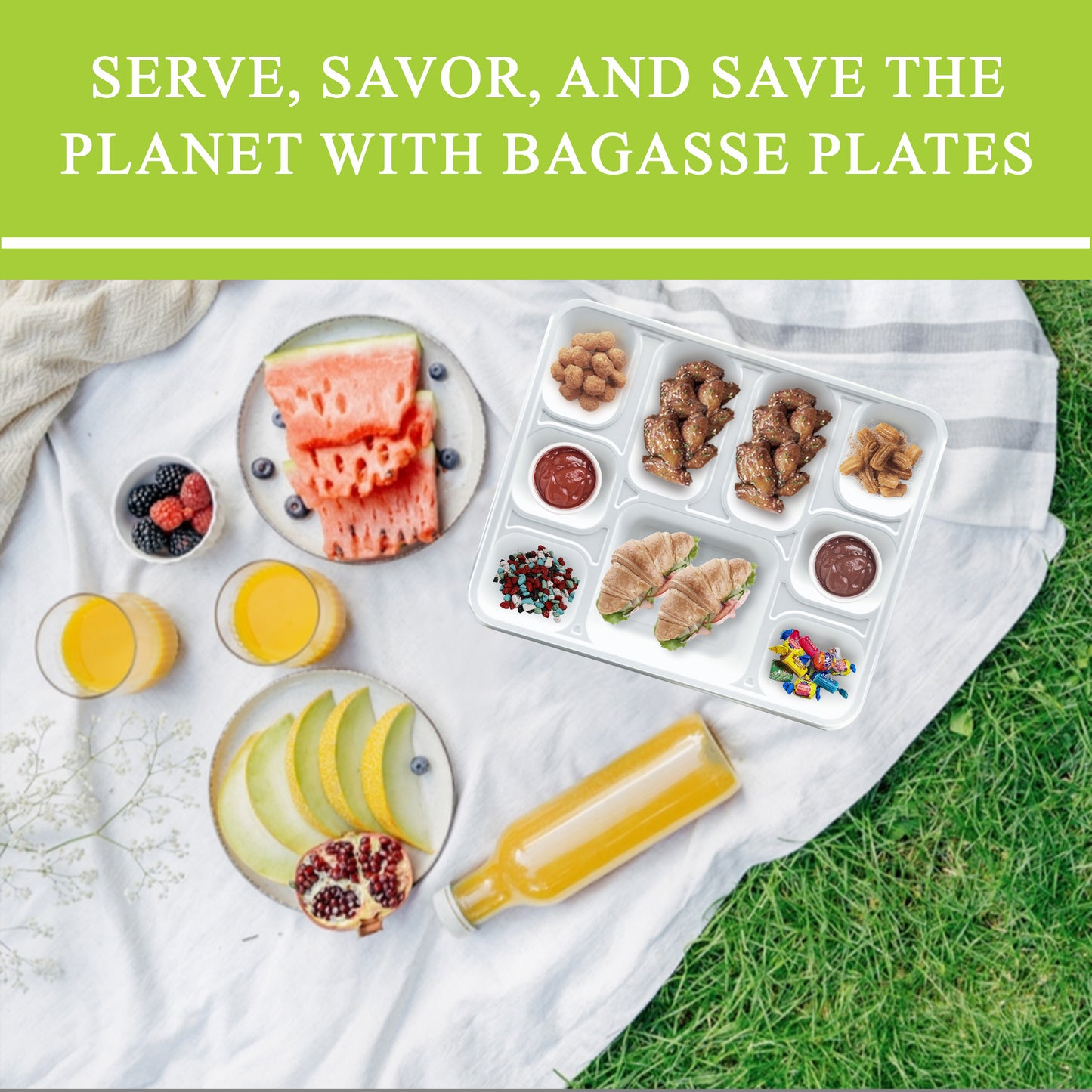 Three Leaf 9 Compartment Bagasse Rectangular Plate, 200 Ct.