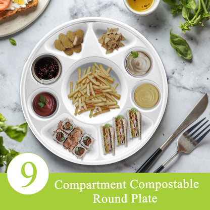 Three Leaf 9 Compartment Bagasse Round Plate, 200 Ct.