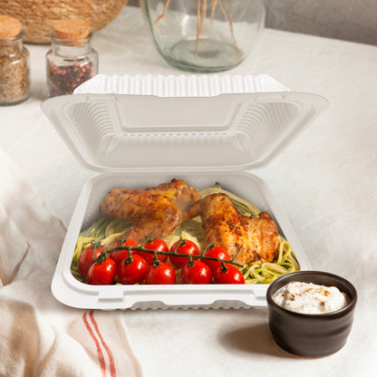 8" X 8" 1 Compartment MFPP Clamshell, 150 Ct. - White