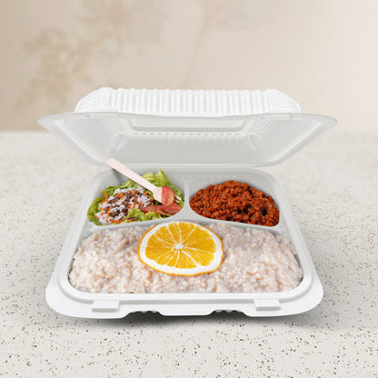 8" X 8" 3 Compartment MFPP Clamshell, 150 Ct. - White