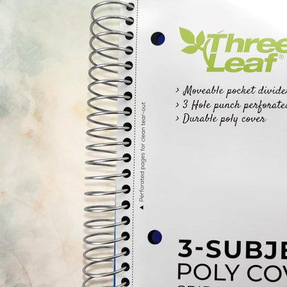 Three Leaf 150 Ct, 10 1/2 X 8,  3-Subject Poly Cover Spiral Notebooks, Wide Ruled, Pocket Divider, Black, Blue, Green, Red. (12 Units Per Case)