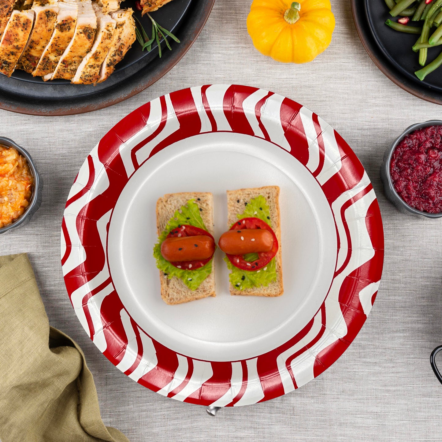 Three Leaf 10" Paper Plates, 240 Ct. (24 Packs Of 10) - Red Strips