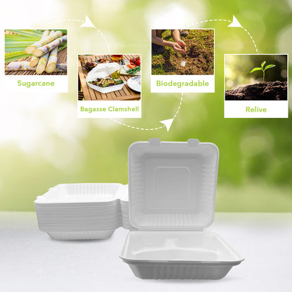 Three Leaf 8" X 8" 3 Compartment Bagasse Clamshell