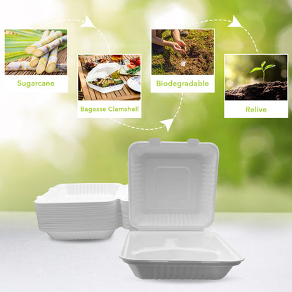 Three Leaf 8" X 8" 3 Compartment Bagasse Clamshell, 200 Ct.