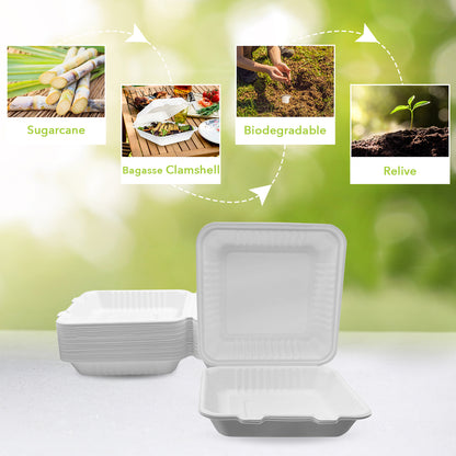 Three Leaf 8" X 8" 1 Compartment Bagasse Clamshell, 200 Ct.