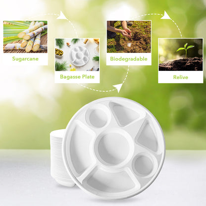 Three Leaf 7 Compartment Bagasse Round Plate