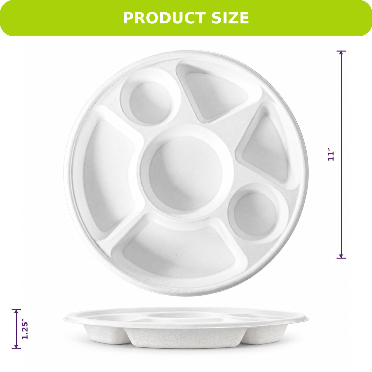 Three Leaf 7 Compartment Compostable Bagasse Thali Plate – PFAS Free, Leak Resistant Disposable Plate