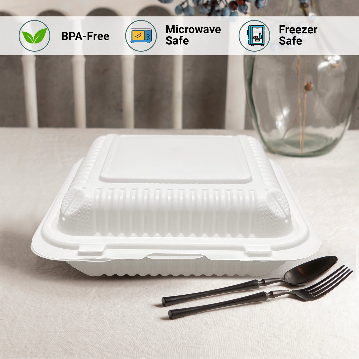 9" X 9" 1 Compartment MFPP Clamshell, 150 Ct. - White