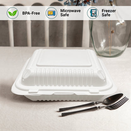 9" X 9" 1 Compartment MFPP Clamshell, 150 Ct. - White