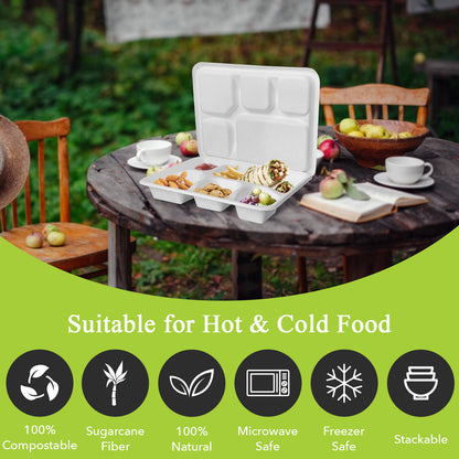 Three Leaf 5 Compartment Meal Tray With Lid Set, 200 Sets