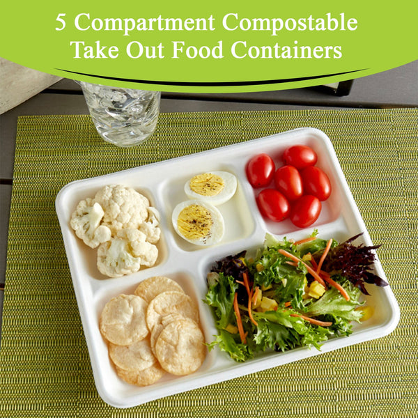 THREE LEAF 5 COMPARTMENT BAGASSE (SCHOOL) TRAY 500 Ct. (10 PACKS OF 50)