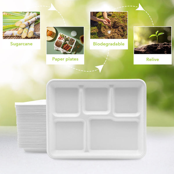 THREE LEAF 5 COMPARTMENT BAGASSE (SCHOOL) TRAY 500 Ct. (10 PACKS OF 50)
