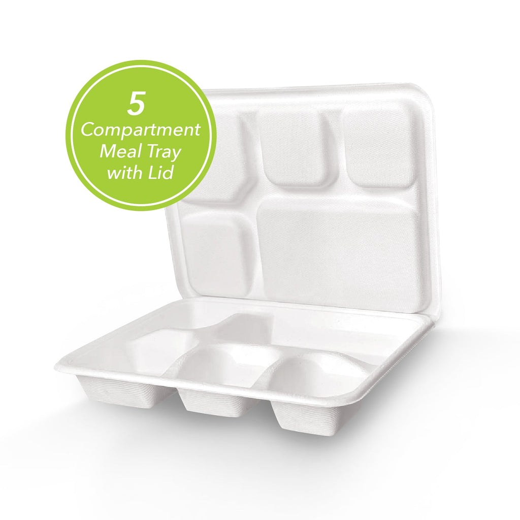 THREE LEAF 5 COMPARTMENT MEAL TRAY WITH LID SET, 200 SETS (8 PACKS