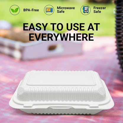 8" X 8" 3 Compartment MFPP Clamshell, 150 Ct. - White