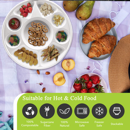 Three Leaf 9 Compartment Bagasse Round Plate, 200 Ct.