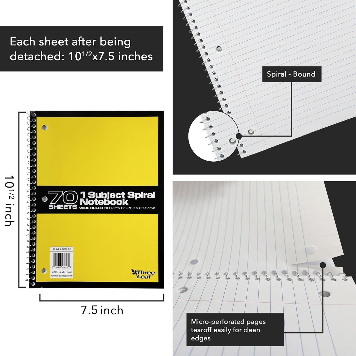 Three Leaf 70 Ct.10.5 X 8 1- Sub Spiral Notebook, Wide Ruled