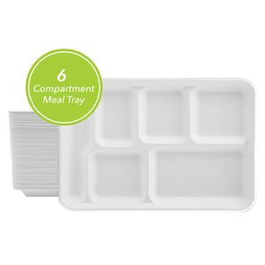 THREE LEAF 6 COMPARTMENT BAGASSE TRAY 400 Ct. (8 PACKS OF 50)