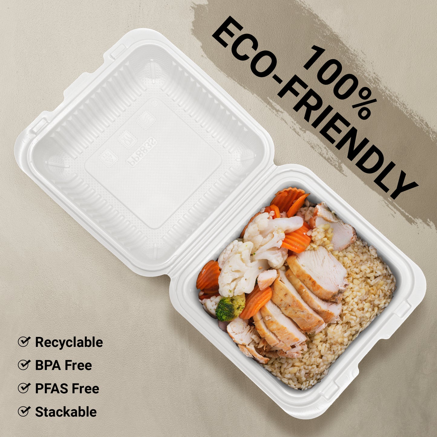 8" X 8" 1 Compartment MFPP Clamshell, 150 Ct. - White