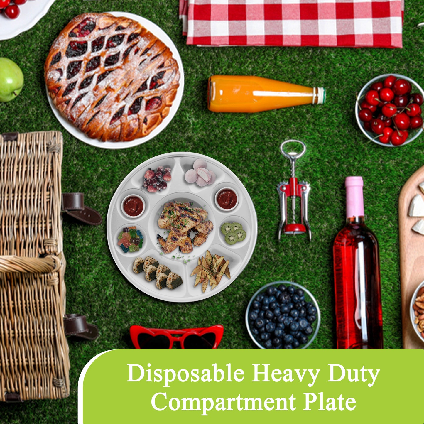 Three Leaf 9 Compartment Bagasse Round Plate, 200 Ct.