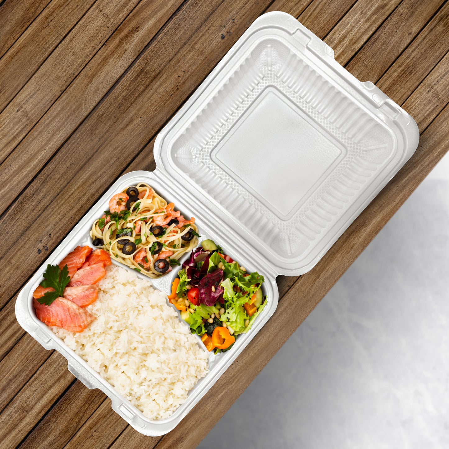8" X 8" 3 Compartment MFPP Clamshell, 150 Ct. - White