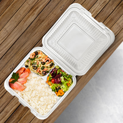 8" X 8" 3 Compartment MFPP Clamshell, 150 Ct. - White