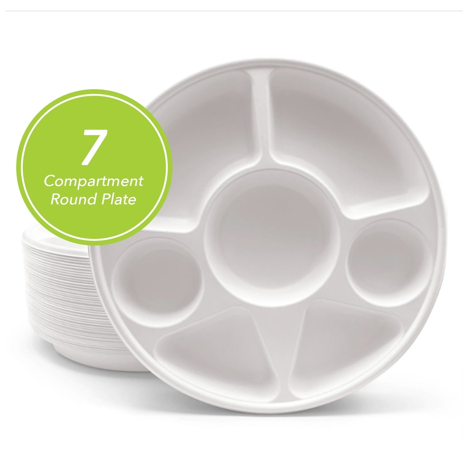 THREE LEAF 7 COMPARTMENT BAGASSE ROUND PLATE, 200 Ct. (8 PACKS OF 25)
