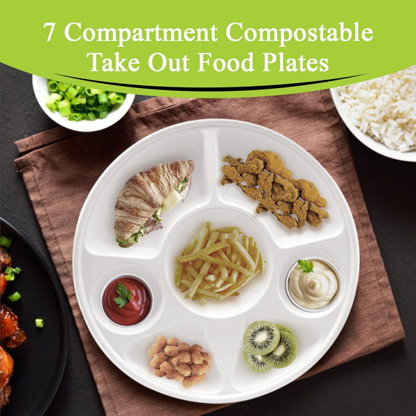 THREE LEAF 7 COMPARTMENT BAGASSE ROUND PLATE, 200 Ct. (8 PACKS OF 25)
