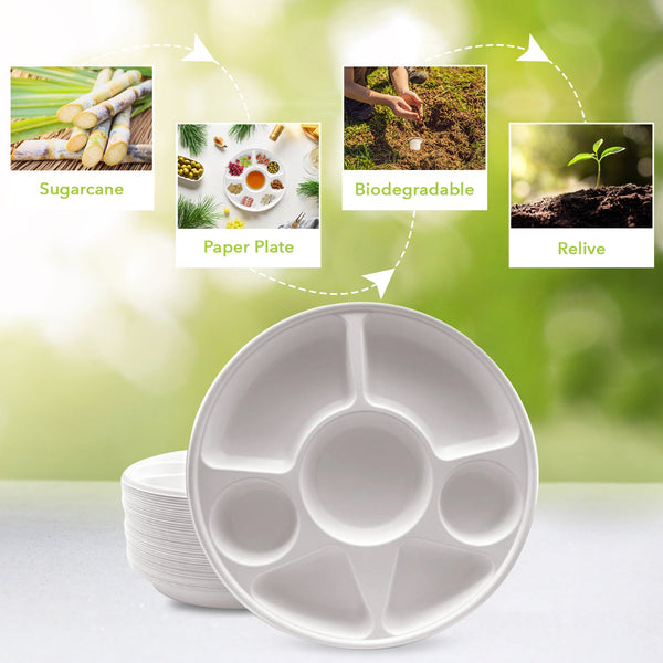 THREE LEAF 7 COMPARTMENT BAGASSE ROUND PLATE, 200 Ct. (4 PACKS OF 50)