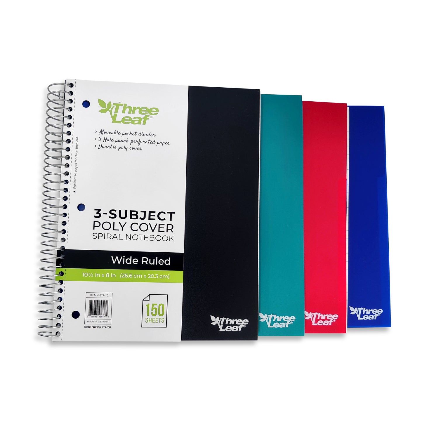 Three Leaf 150 Ct, 10 1/2 X 8,  3-Subject Poly Cover Spiral Notebooks, Wide Ruled, Pocket Divider, Black, Blue, Green, Red. (12 Units Per Case)