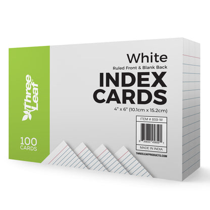 Three Leaf 100 Ct,  4 X 6, Index Cards Ruled, White