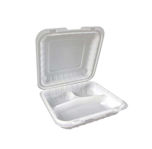 8" X 8" 3 Compartment MFPP Clamshell, 150 Ct. - White