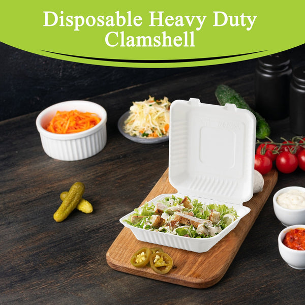 THREE LEAF 8" X 8" 1 COMPARTMENT BAGASSE CLAMSHELL, 200 Ct. (4 PACKS OF 50)