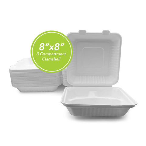 THREE LEAF 8" X 8" 3 COMPARTMENT BAGASSE CLAMSHELL, 200 Ct. (4 PACKS OF 50)