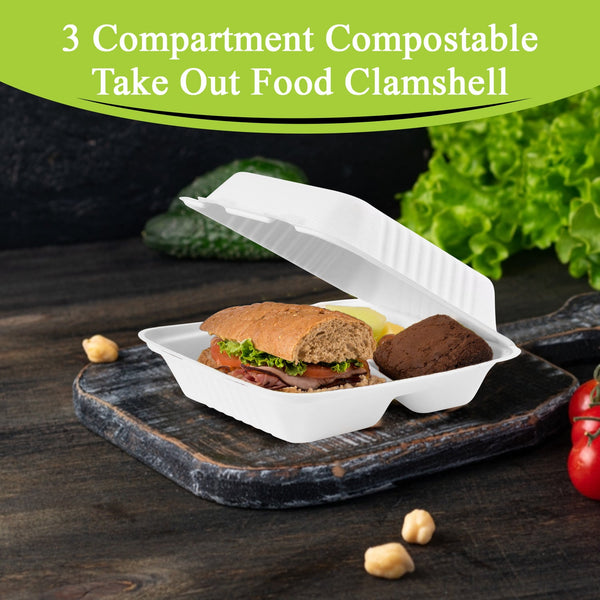 THREE LEAF 8" X 8" 3 COMPARTMENT BAGASSE CLAMSHELL, 200 Ct. (4 PACKS OF 50)