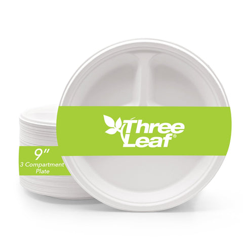 THREE LEAF 9" 3 COMPARTMENT BAGASSE ROUND PLATE, 500 Ct. (10 PACKS OF 50)