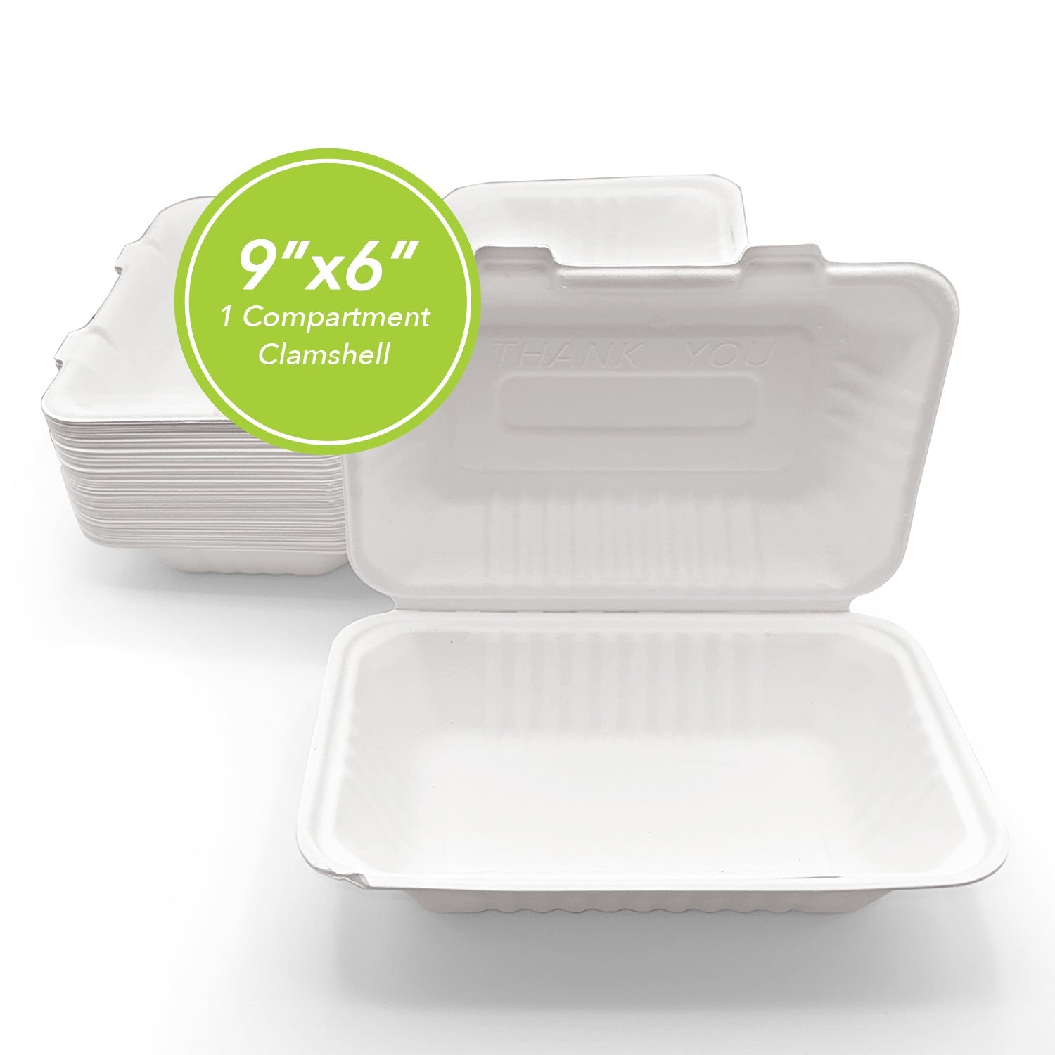 THREE LEAF 9" x 6" 1 COMPARTMENT BAGASSE CLAMSHELL, 200 Ct. (4 PACKS OF 50)