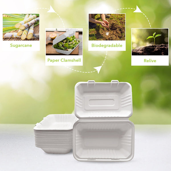 THREE LEAF 9" x 6" 1 COMPARTMENT BAGASSE CLAMSHELL, 200 Ct. (4 PACKS OF 50)