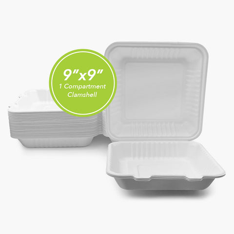 THREE LEAF 9" X 9" 1 COMPARTMENT BAGASSE CLAMSHELL, 200 Ct. (2 PACKS OF 100)