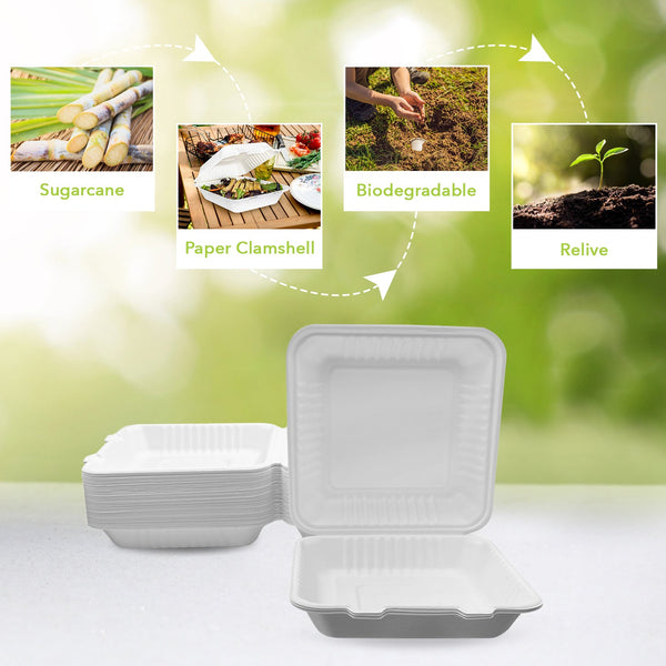 THREE LEAF 9" X 9" 1 COMPARTMENT BAGASSE CLAMSHELL, 200 Ct. (2 PACKS OF 100)