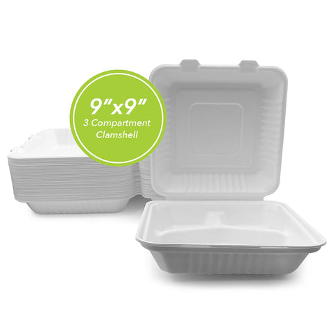 THREE LEAF 9" X 9" 3 COMPARTMENT BAGASSE CLAMSHELL, 200 Ct. (2 PACKS OF 100)