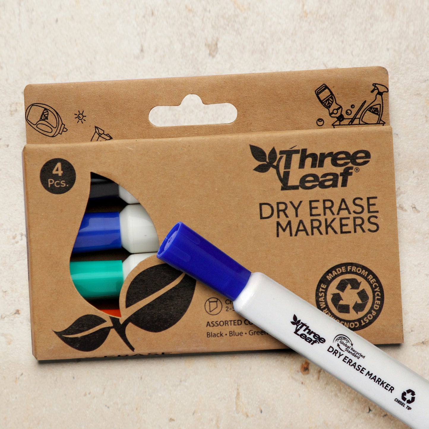 Three Leaf Dry Erase Marker 4 Pack, Assorted, Chisel Tip (72 Pack Per Case)