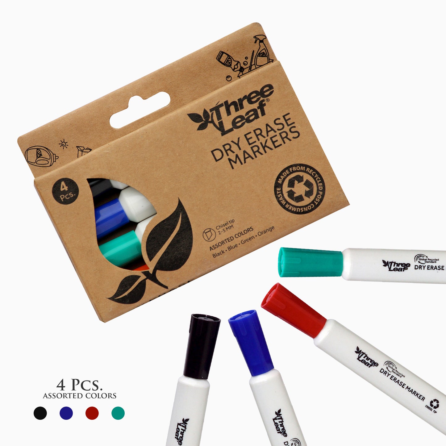 Three Leaf Dry Erase Marker 4 Pack, Assorted, Chisel Tip