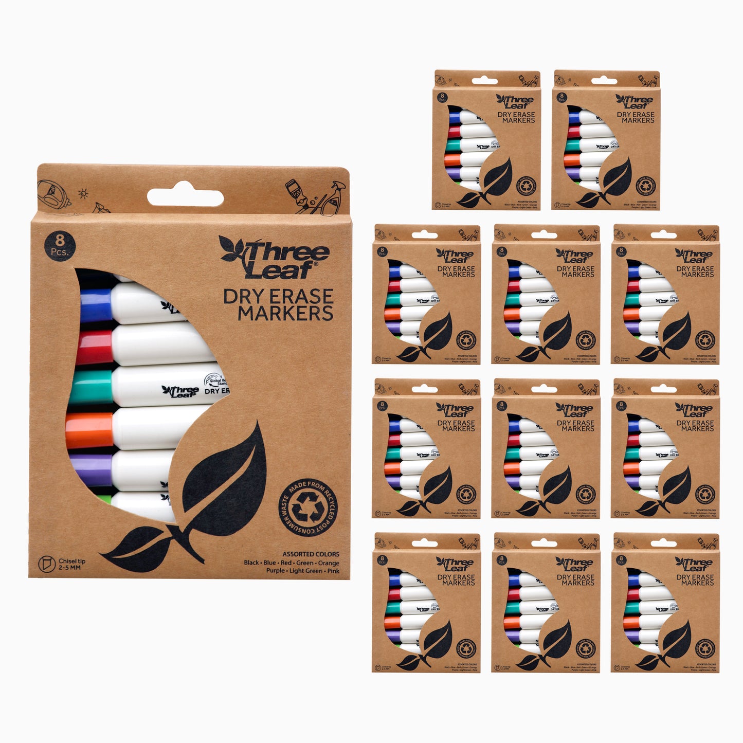 Three Leaf Dry Erase Marker 8 Pack, Assorted, Chisel Tip