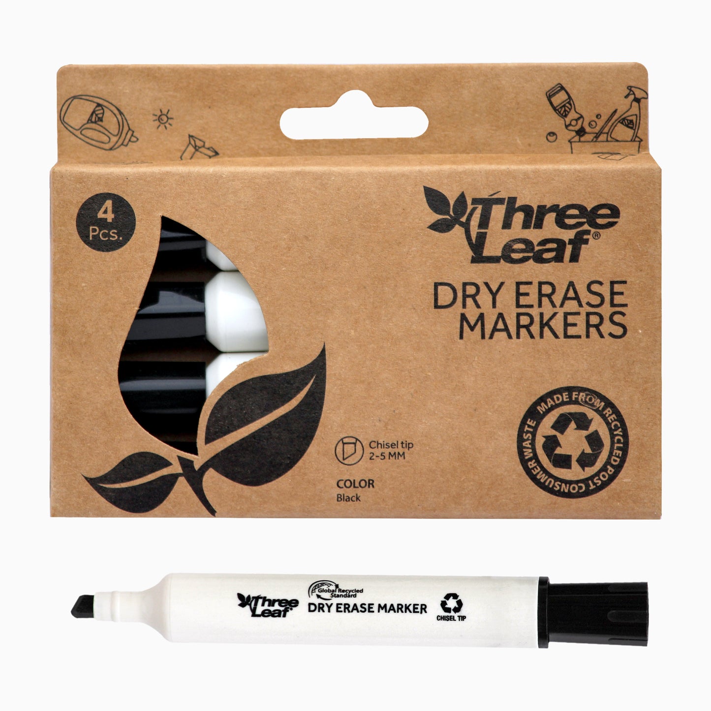 Three Leaf Dry Erase Marker 4 Pack, Black, Chisel Tip (72 Pack Per Case)
