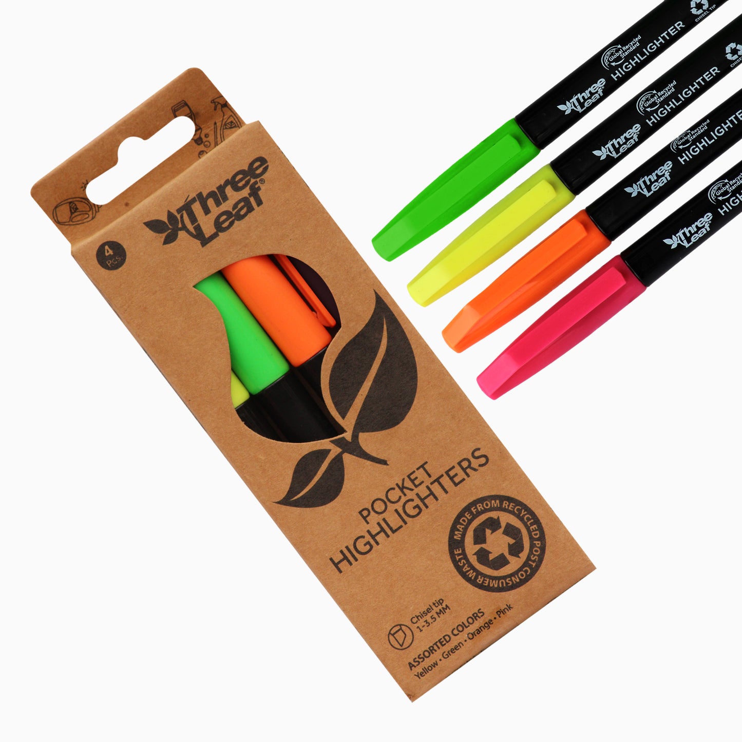 Three Leaf Highlighter 4 Pack, Assorted, Chisel Tip