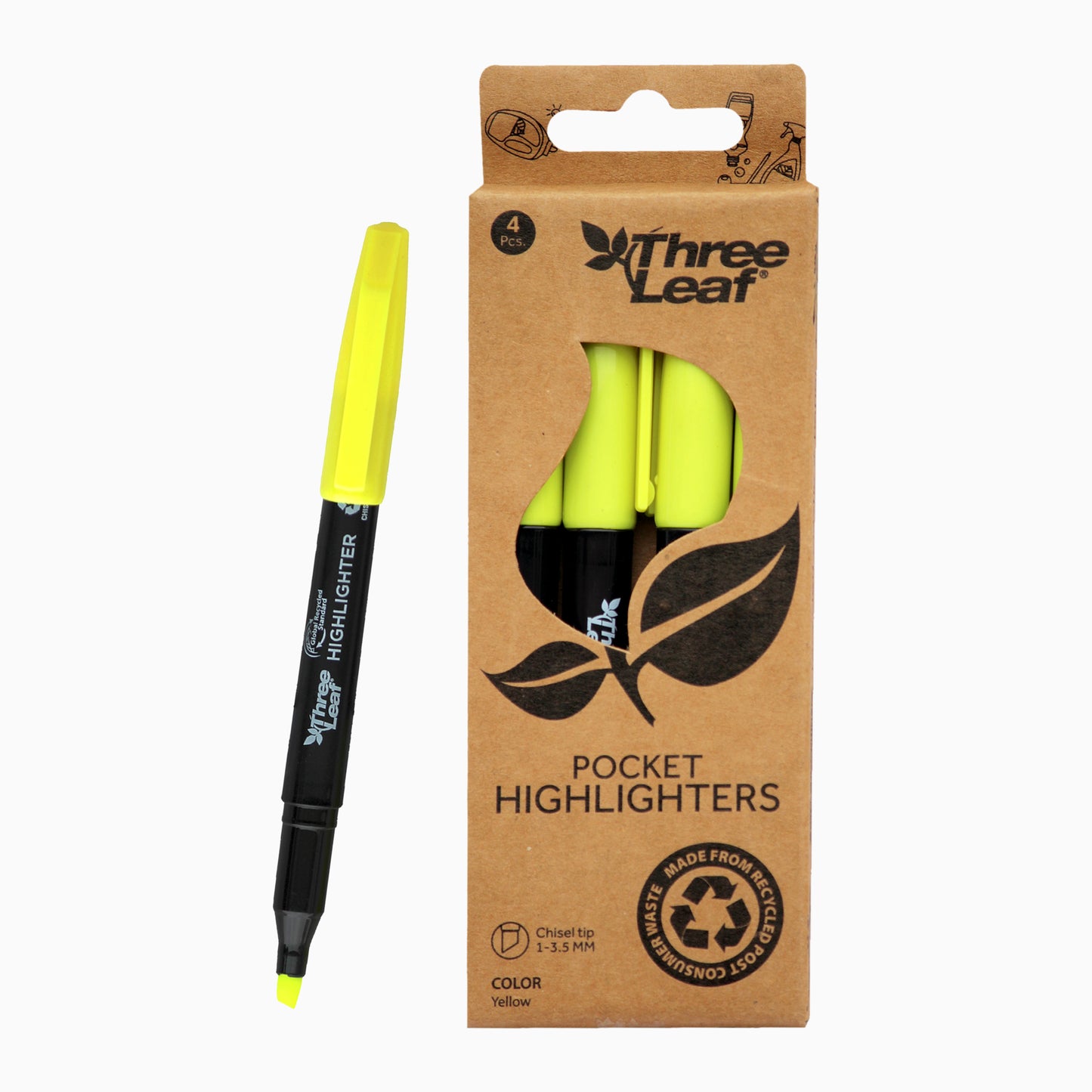 Three Leaf Highlighter 4 Pack, Yellow, Chisel Tip